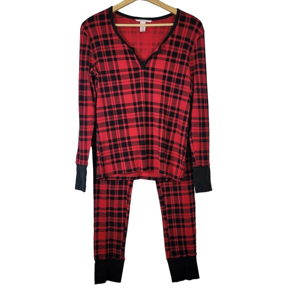 Victoria's Secret Plaid Pajama Set Red Black Medium Long Pants Thermal Waffle - Picture 14 of 15